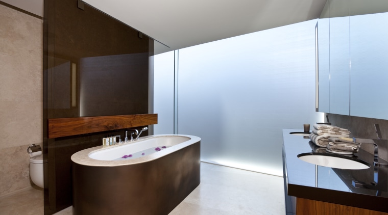 View of bathroom with freestanding tub in a architecture, bathroom, interior design, product design, room, brown, white