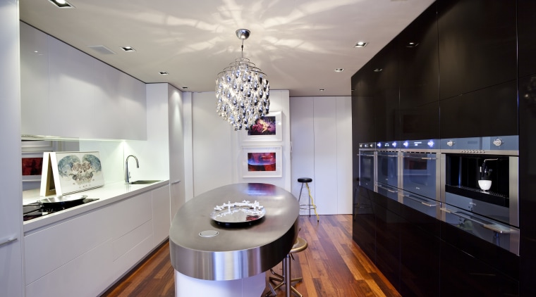 View of kitchen with oval bench top. - ceiling, countertop, interior design, kitchen, real estate, room, gray, black