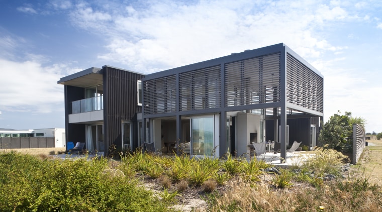 Contemporary beach house. Open-plan living - Contemporary beach architecture, building, corporate headquarters, facade, home, house, property, real estate, sky, white