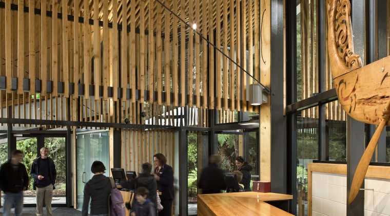 View of steel structured, slatted wood and glass architecture, interior design, lobby, tourist attraction, brown