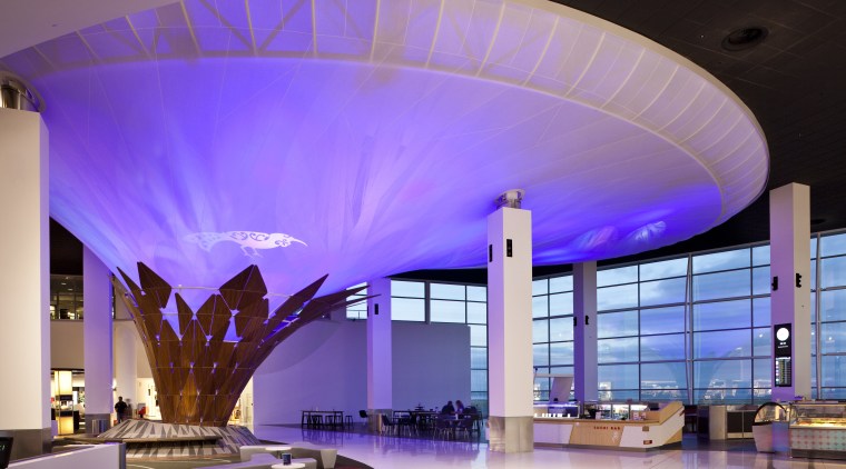 View of Auckland International Airport centrepiece, resembling the architecture, ceiling, daylighting, function hall, hotel, interior design, lighting, lobby, purple, purple