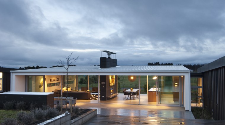 View of light and dark-toned house with zinc architecture, estate, home, house, property, real estate, roof, sky, teal