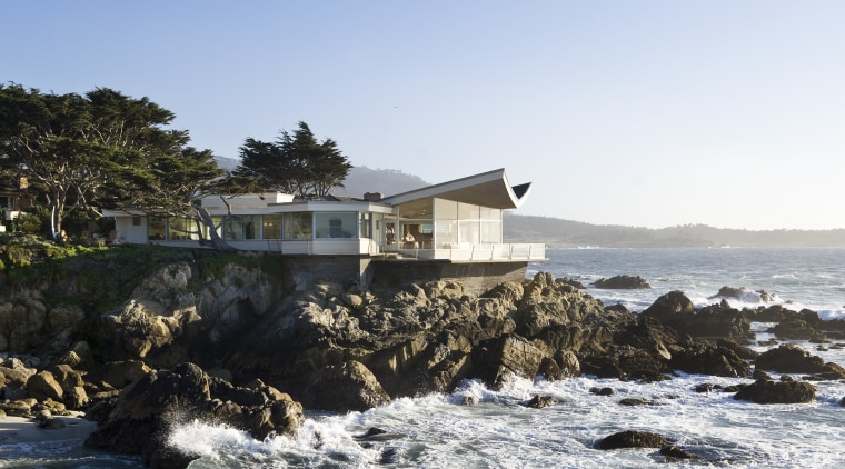 View of the oceanfront Butterfly House in Carmel coast, coastal and oceanic landforms, cottage, house, ocean, promontory, real estate, sea, shore, white, black