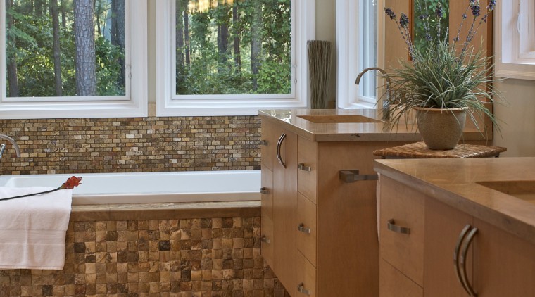 View of modernized bathroom with mosaic design tub bathroom, cabinetry, countertop, estate, floor, flooring, hardwood, home, interior design, kitchen, laminate flooring, real estate, room, tile, wall, window, wood, wood flooring, brown, gray