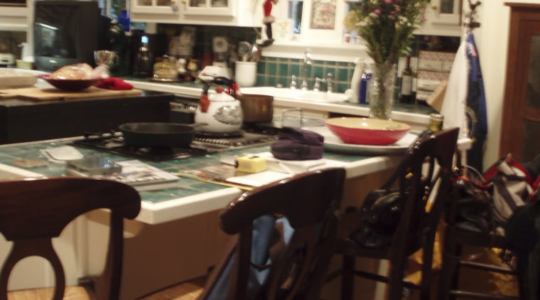 View of remodeled kitchen with rainforest green marble dining room, furniture, home, interior design, room, table, wood, brown, black