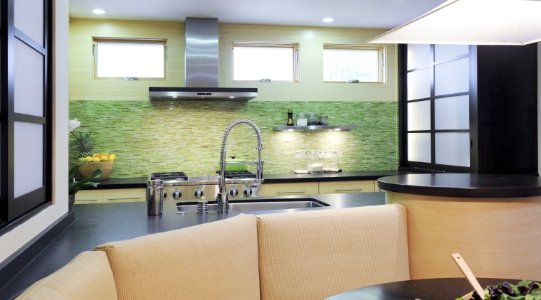 View of kitchen and dining area with Japanese countertop, interior design, kitchen, living room, real estate, window