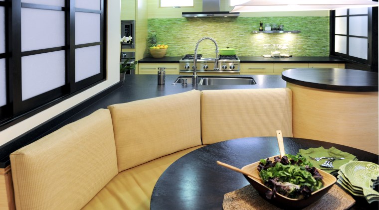 View of kitchen and dining area with Japanese interior design, living room, real estate, room, table, orange