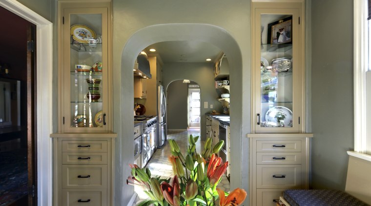 View of Spanish-style home with open shelving and cabinetry, home, interior design, living room, room, window, gray, brown