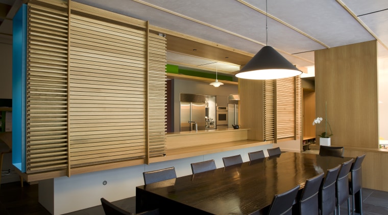 View of modernist style kitchen with wooden cabinetry architecture, ceiling, interior design, lobby, wood, brown
