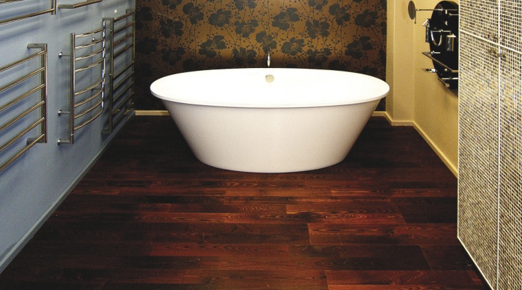 View of contemporary bathroom fixtures. - View of bathroom, ceiling, floor, flooring, hardwood, interior design, laminate flooring, room, tile, wall, wood, wood flooring, red