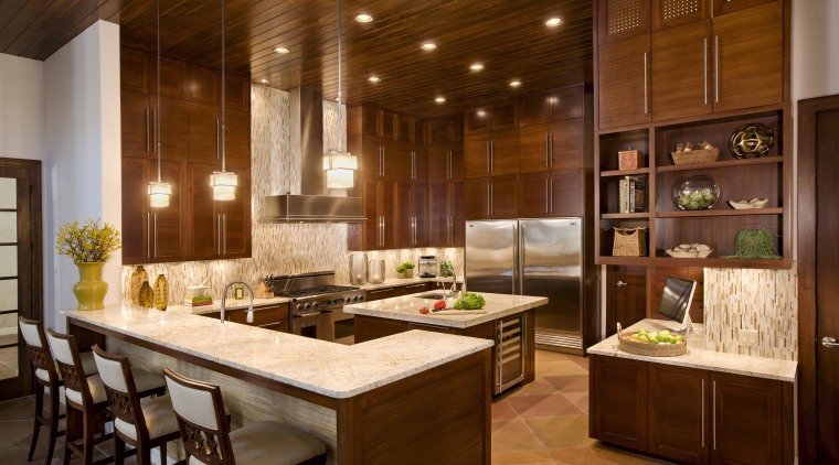 12-ft ceilings. Sandstone floors. Sapele wood cabinetry. Three cabinetry, ceiling, countertop, cuisine classique, interior design, kitchen, brown