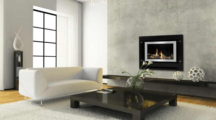 View of fireplaces by Rinnai - View of angle, coffee table, couch, fireplace, floor, flooring, furniture, hearth, home, interior design, living room, loveseat, table, wall, gray, white