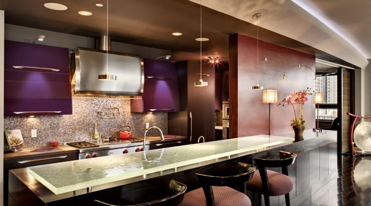 View of kitchen with hood by Zephyr Ventilation, ceiling, countertop, interior design, kitchen, lighting, room, red, brown