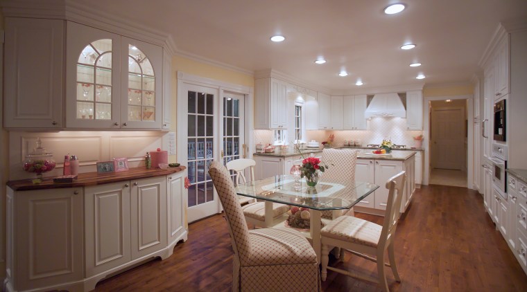 View of Remodeled dining room through to kitchen ceiling, countertop, cuisine classique, dining room, estate, floor, flooring, hardwood, home, interior design, kitchen, living room, property, real estate, room, window, wood, wood flooring, gray, brown