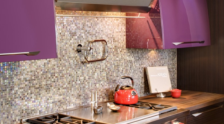 View of kitchen with hood by Zephyr Ventilation, countertop, interior design, kitchen, room, red