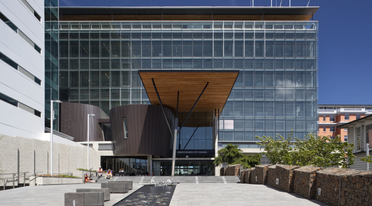 View of the Christchurch City Council building, built architecture, building, commercial building, corporate headquarters, facade, headquarters, mixed use, white, black