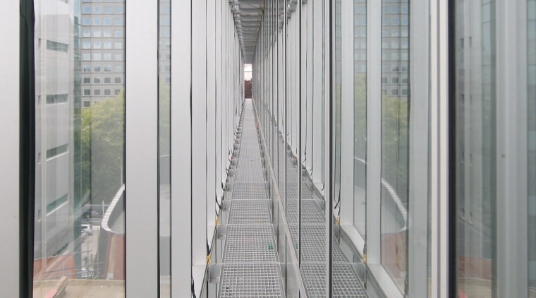 View of glazed double-skin curtain wall system at architecture, building, daylighting, glass, metropolitan area, structure, window, gray