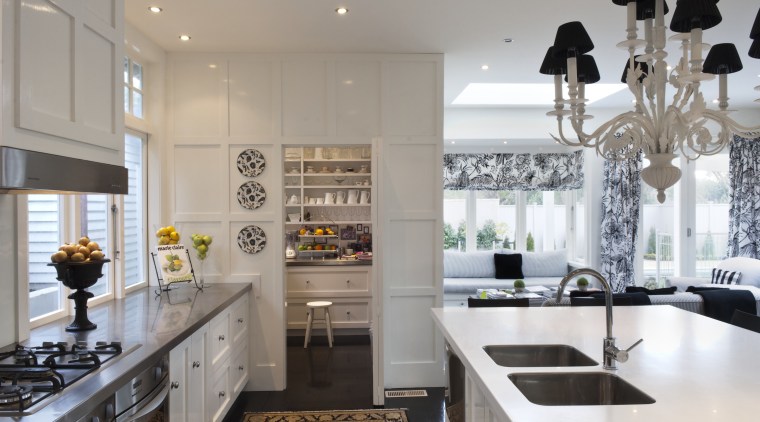 Creating a new tradition This kitchen references the countertop, cuisine classique, home, interior design, kitchen, room, gray