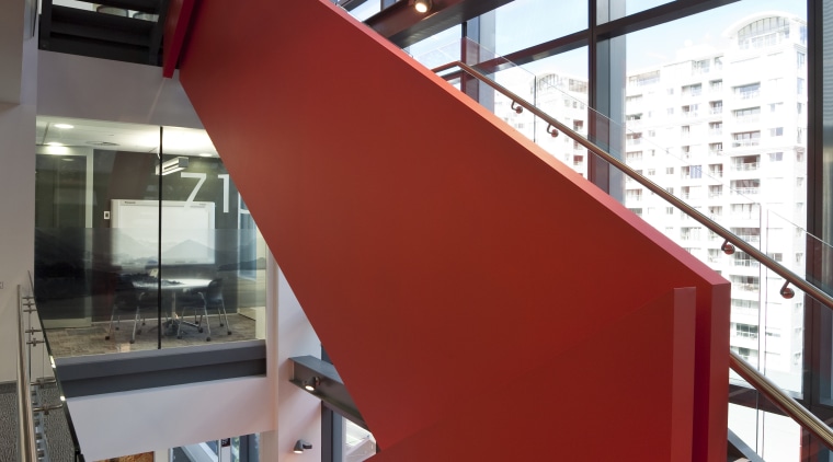 View of stairway with red wall at the architecture, building, daylighting, glass, handrail, line, stairs, structure, red