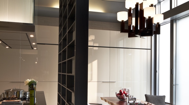 View of dining area in a contemporary home. ceiling, interior design, light fixture, black, brown