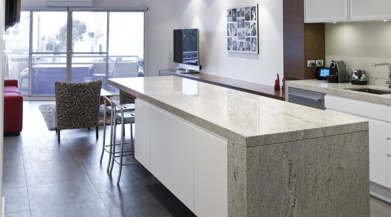 Natural organic colour palette with repeated red tones. architecture, countertop, floor, flooring, interior design, kitchen, table, tile, gray
