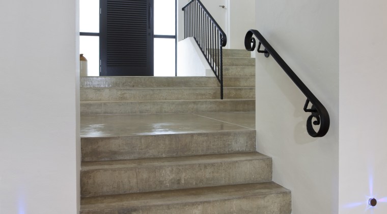 View of neutral-toned Peter Fell home - View architecture, daylighting, floor, flooring, glass, handrail, hardwood, home, house, interior design, laminate flooring, stairs, tile, wall, wood, wood flooring, gray, brown