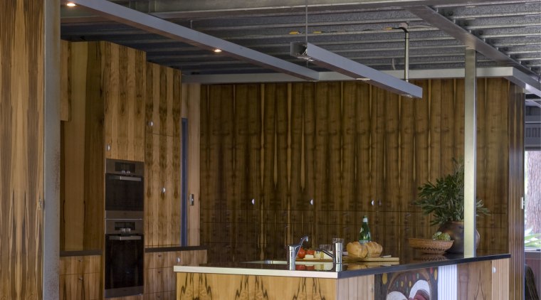 The house and kitchen designed by Jonothan Grose-Jong architecture, beam, ceiling, daylighting, floor, flooring, hardwood, interior design, lobby, wood, wood flooring, brown, gray