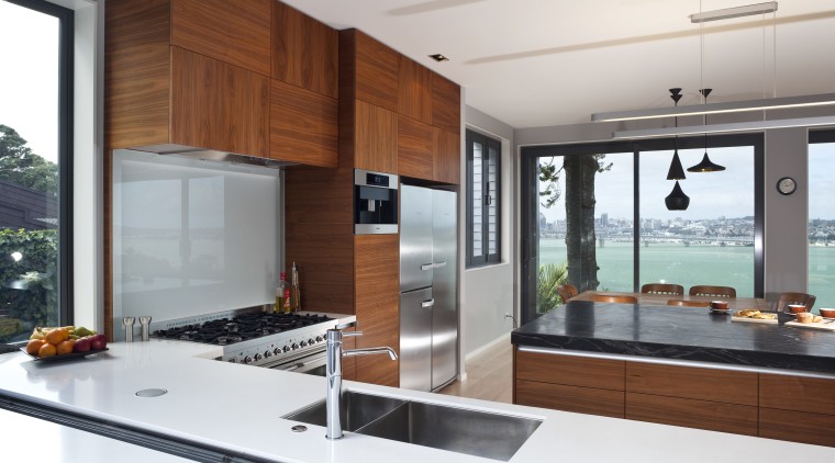 Designer Shane George. Open-plan space. Small amount of countertop, interior design, kitchen, real estate, white