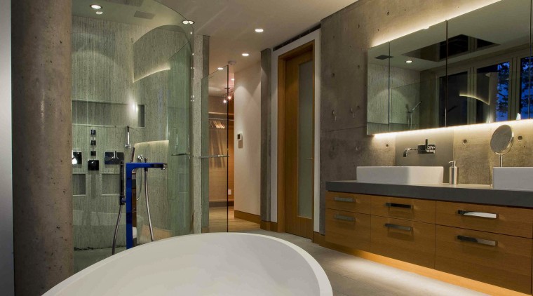 This master suite makes use of the sea architecture, bathroom, ceiling, estate, floor, home, interior design, room, brown, gray