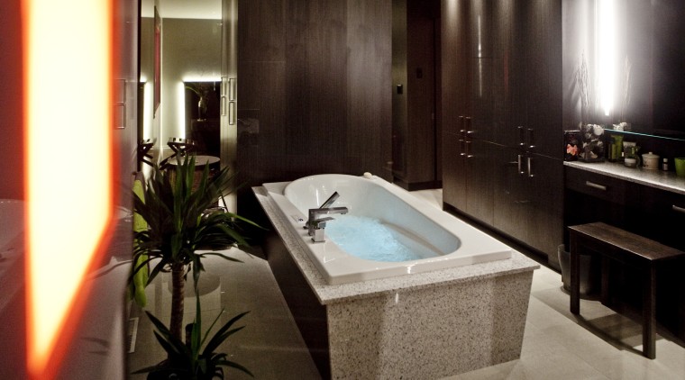 View of contemporary bathroom with dark cabinets - bathroom, interior design, room, brown