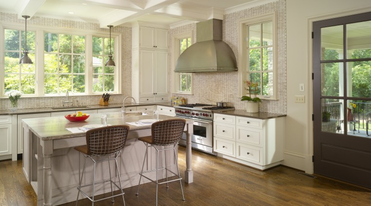 Floors stained rich dark mahogany.  Eating island. cabinetry, ceiling, countertop, cuisine classique, floor, flooring, hardwood, home, interior design, kitchen, laminate flooring, real estate, room, tile, window, wood flooring, gray, brown