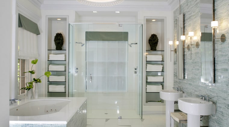 This bathroom, designed by Jamie Drake of Drake bathroom, ceiling, floor, home, interior design, plumbing fixture, room, tile, gray