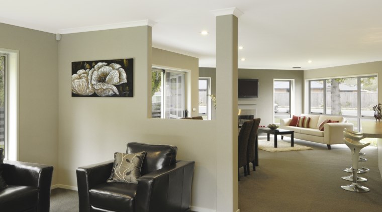 This show home was designed by Platinum Homes floor, flooring, home, interior design, living room, property, real estate, room, window, gray