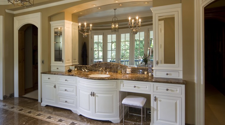 This is a master suite designed by Chuck cabinetry, countertop, cuisine classique, estate, floor, flooring, furniture, home, interior design, kitchen, room, brown, gray