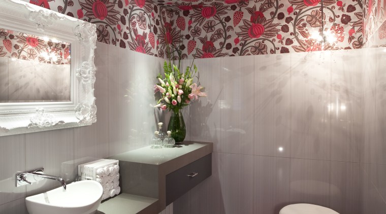 Bathroom with red flower patterned ceiling, black tile architecture, bathroom, ceiling, floor, home, interior design, room, tile, wall, wallpaper, gray, red