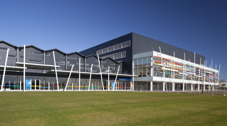 External view fo Claudlands Arena, Hamilon. - External architecture, building, campus, commercial building, corporate headquarters, facade, grass, headquarters, mixed use, real estate, sky, sport venue, stadium, structure, blue, brown