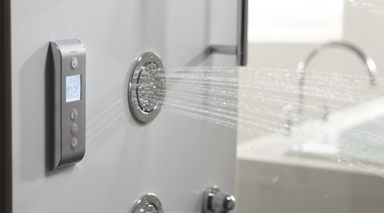 This bathroom fitting was designed by the Kohler bathroom, plumbing fixture, product design, tap, gray, white