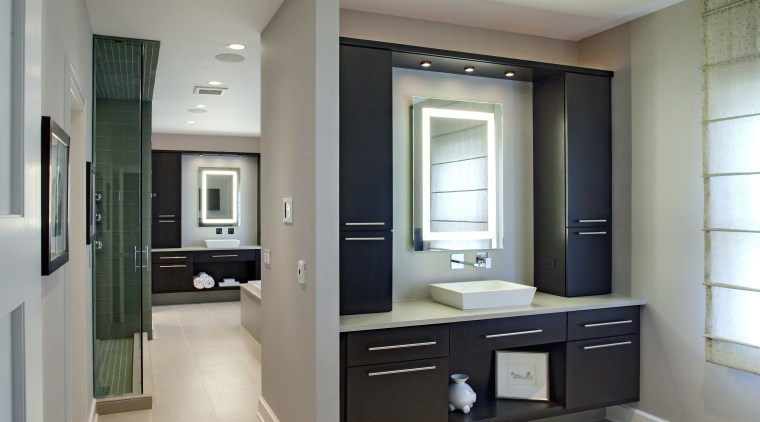 This bathroom that has been redesigned by Drury cabinetry, countertop, floor, home, interior design, kitchen, room, gray