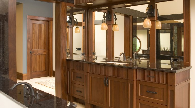 This is the master suite of the house bathroom, bathroom accessory, bathroom cabinet, cabinetry, countertop, cuisine classique, furniture, interior design, kitchen, room, wood stain, brown, orange