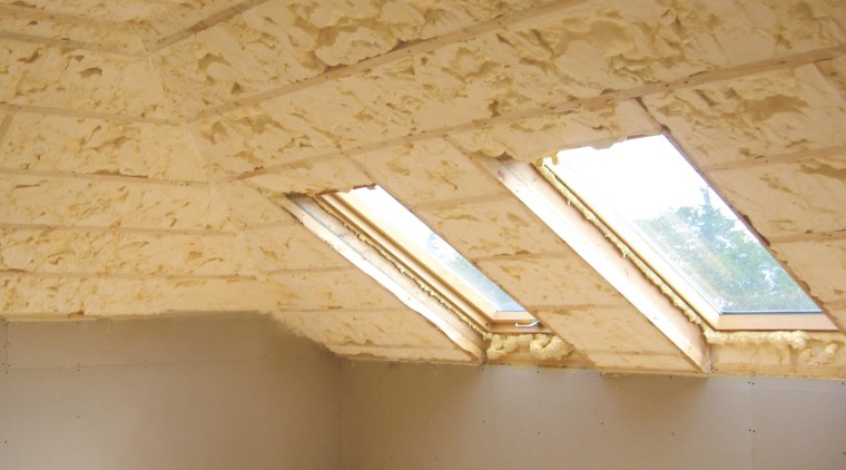 Icynene Spray Foam starts of as a liqquid angle, attic, beam, ceiling, daylighting, floor, lighting, plaster, plywood, wall, wood, wood stain, orange