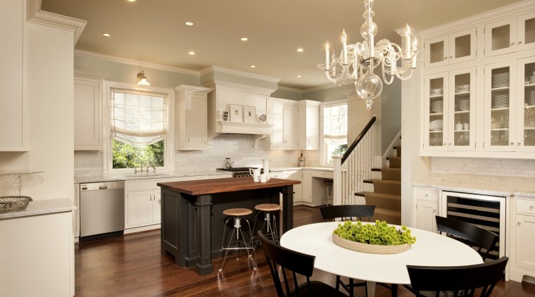 View of kitchen designed by Nadia Subaran. Designed cabinetry, ceiling, countertop, cuisine classique, home, interior design, kitchen, room, orange