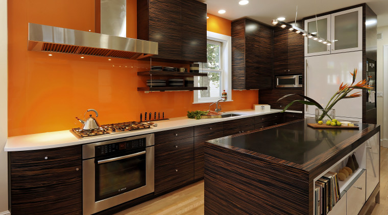 View of kitchen designed by Jennifer Gilmer.  cabinetry, countertop, cuisine classique, interior design, kitchen, real estate, room, brown, black
