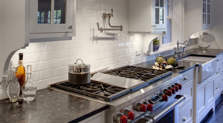 View of kitchen in 1950's remodelled lakefront home cabinetry, countertop, cuisine classique, home, home appliance, interior design, kitchen, kitchen appliance, room, gray