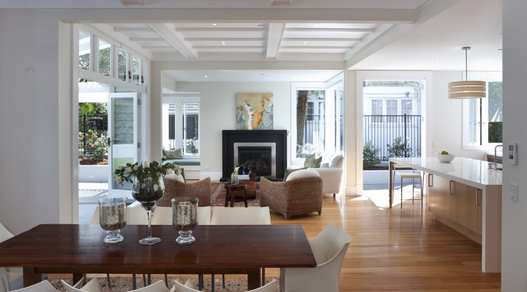 Architects Jane Aimer and Lindley Naismith of Scarlet ceiling, daylighting, dining room, home, house, interior design, living room, property, real estate, room, table, window, gray