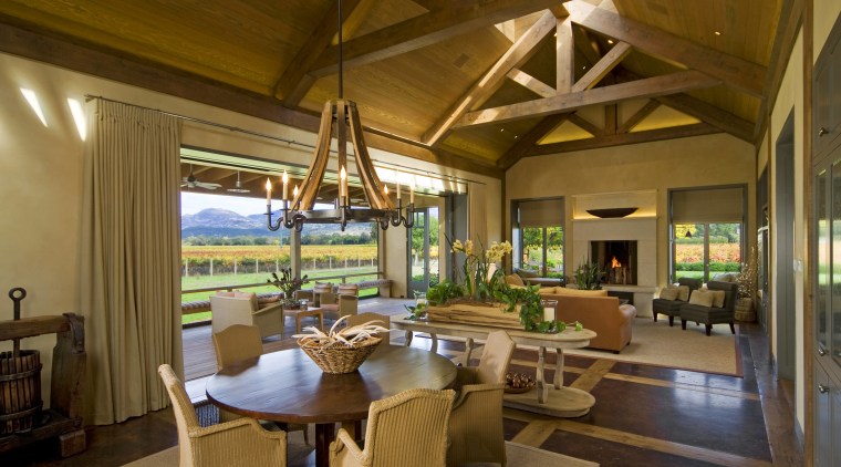 View of kitchen, great room and wine cellar. dining room, estate, interior design, living room, real estate, resort, brown