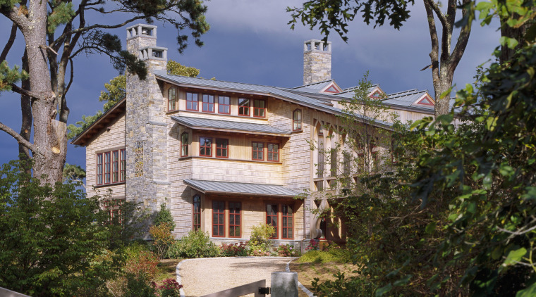 Exterio view of multi story home with trees building, cottage, estate, facade, home, house, leaf, mansion, plant, property, real estate, sky, tree, villa, brown