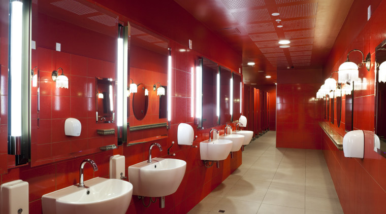 Merquip designed the electronic touch-free tap-ware for this bathroom, ceiling, function hall, interior design, public toilet, restaurant, room, red