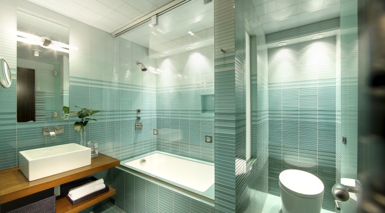 This home's interior was designed by James Laney bathroom, glass, interior design, room, tile, green