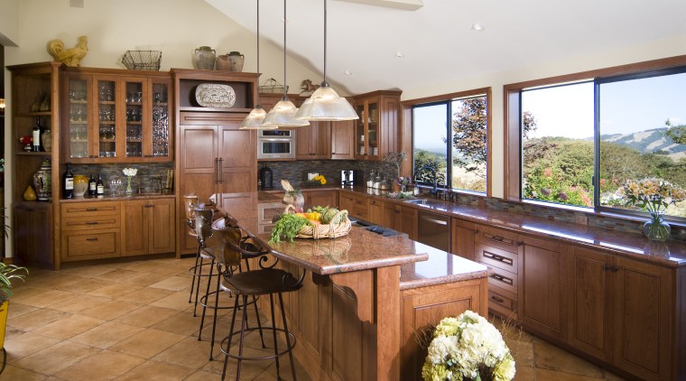 View of kitchen with wooden flooring and island countertop, cuisine classique, estate, interior design, kitchen, real estate, brown, white