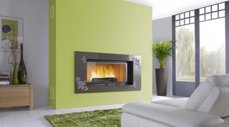 View of fireplace on green feature wall. - fireplace, hearth, home, interior design, living room, wood burning stove, gray